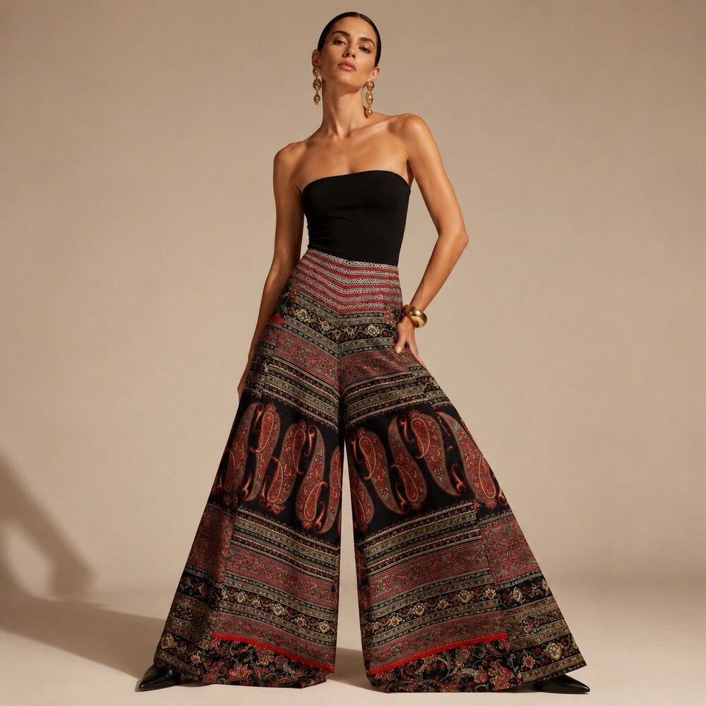 Floating Lotus Palazzo Pants S/M Paisley Boho Wide Leg Embroidered Waist Hippie
